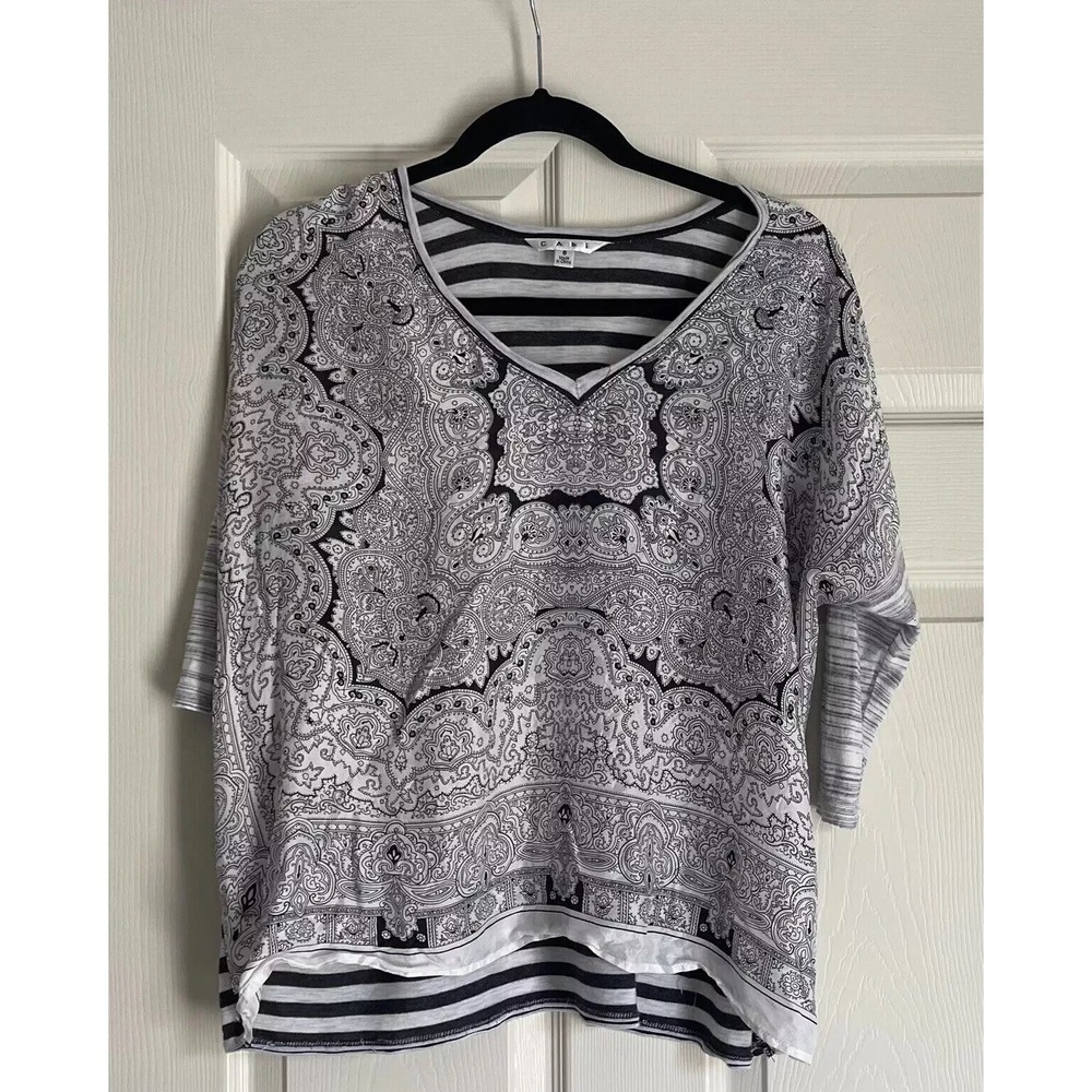 Cabi‎ Blouse Womens Small Black White Silk Shirt Paisley Bandana Stripes 347